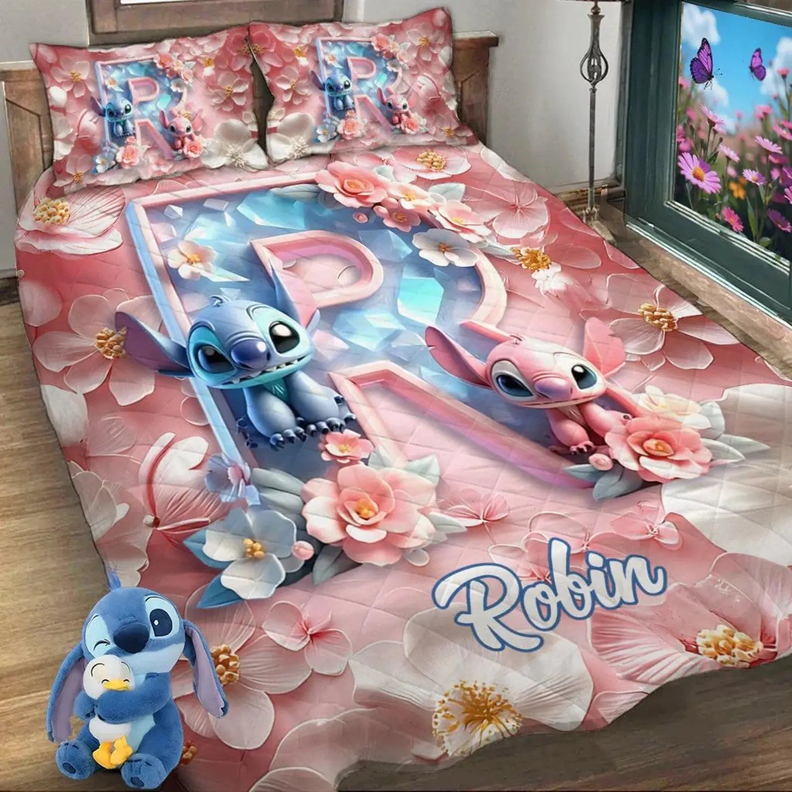 Personalized Alphabet floral quilt set featuring Stitch cartoon design, blue Ohana family quilted set with pillow and duvet cover, perfect gift for kids and Stitch lovers
