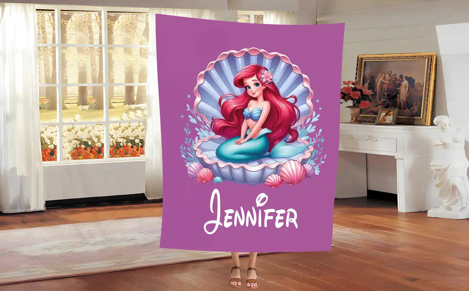 Personalized Ariel mermaid tail blanket, Disney The Little Mermaid cozy kids blanket with custom name, perfect for toddlers and children’s bedroom décor.