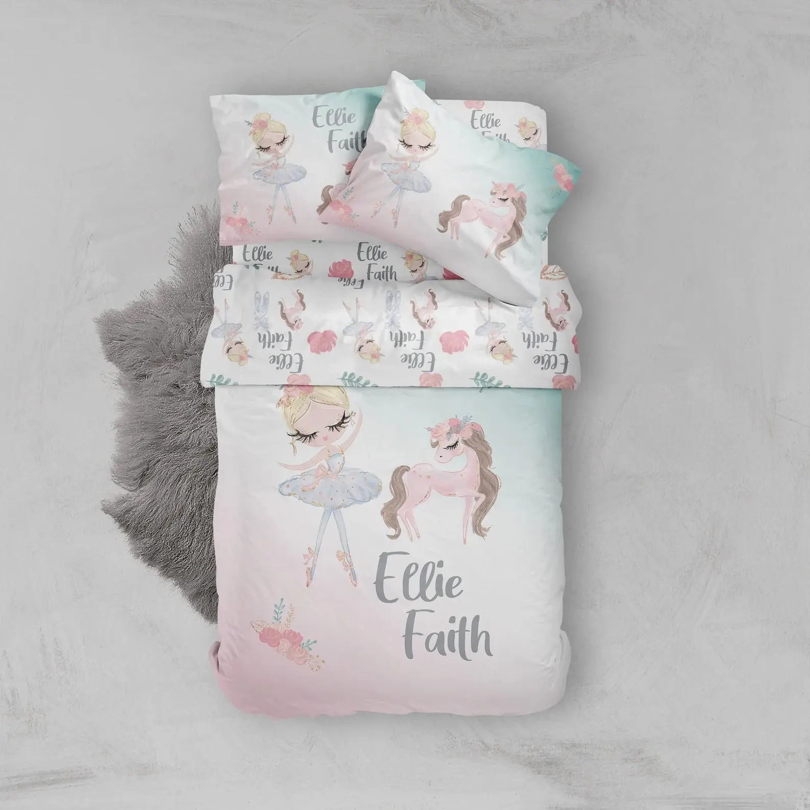 Personalized ballerina bedding set with custom fitted sheet, girls bedding set with ballerina duvet cover, toddler comforter, perfect kids bedroom décor.