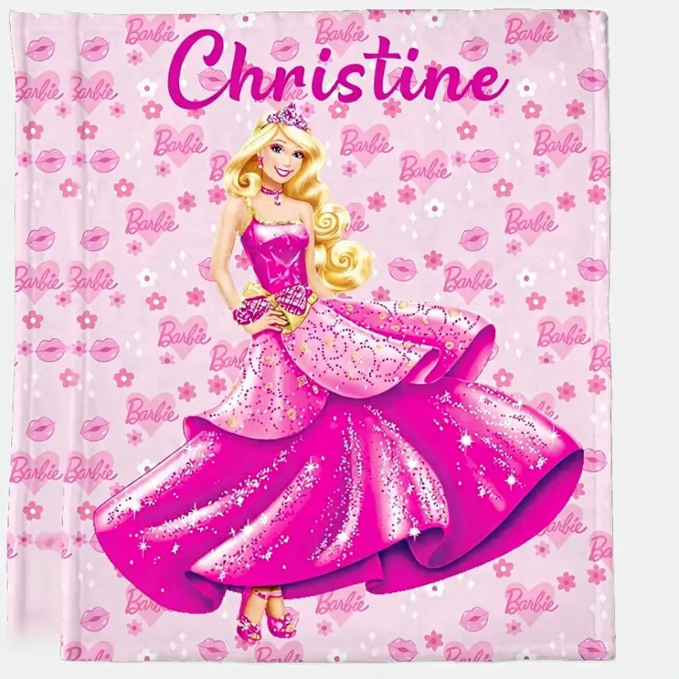 Custom name Barbie kids blanket, soft personalized throw for girls bedroom and birthday gift