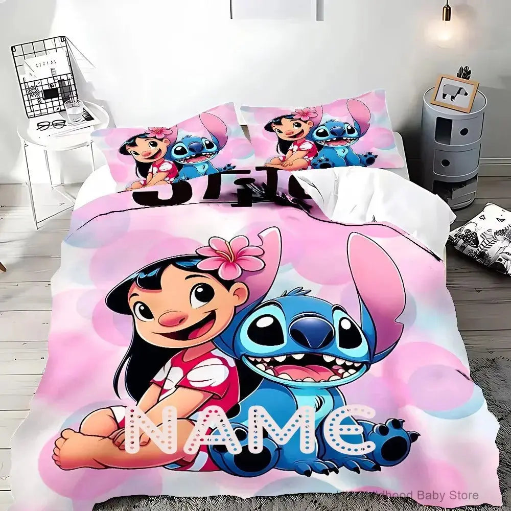 Custom Cartoon Duvet Cover Zirconic 3D cartoon bedding set with Stitch holding a milkshake, includes custom name printing option, ideal as a gift for kids or Disney lovers.