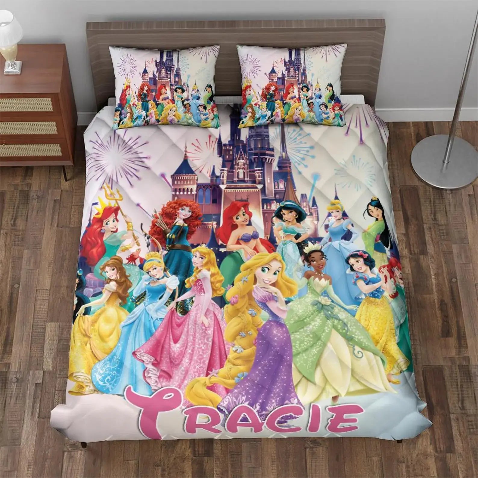 Custom name Disney Princess watercolor quilt cover set, three-piece bedding for baby girls, perfect Disney Princess birthday gift