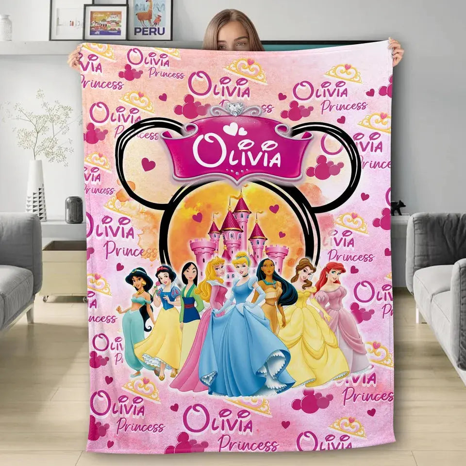 Personalized Disney Princess pink kids blanket with custom name, soft and cozy throw for toddlers and girls’ bedroom décor