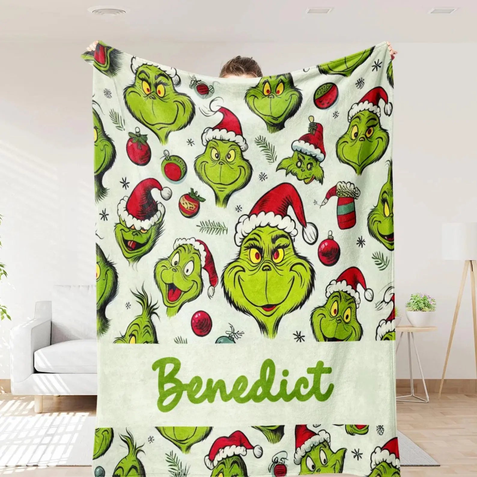 Personalized Grinch kids blanket featuring festive Christmas-themed expressions, soft and cozy throw for toddlers and children’s bedroom décor