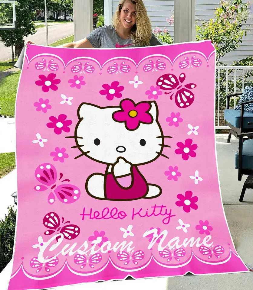 Personalized Hello Kitty kids blanket with custom name, soft and cozy cartoon throw for toddlers and children’s bedroom décor