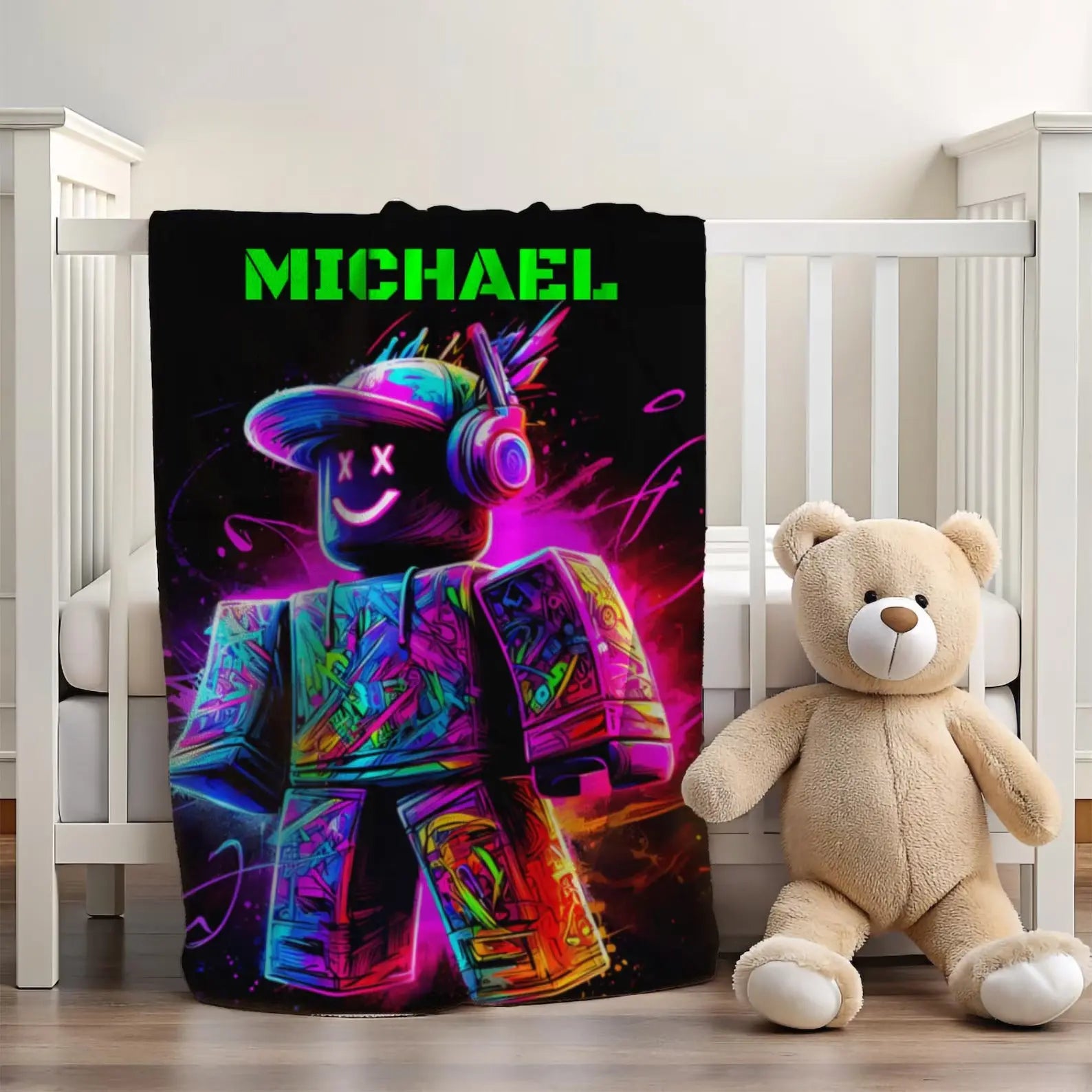 Personalized Minecraft kids blanket with custom name, soft and cozy pixel-themed throw for toddlers and children’s bedroom décor