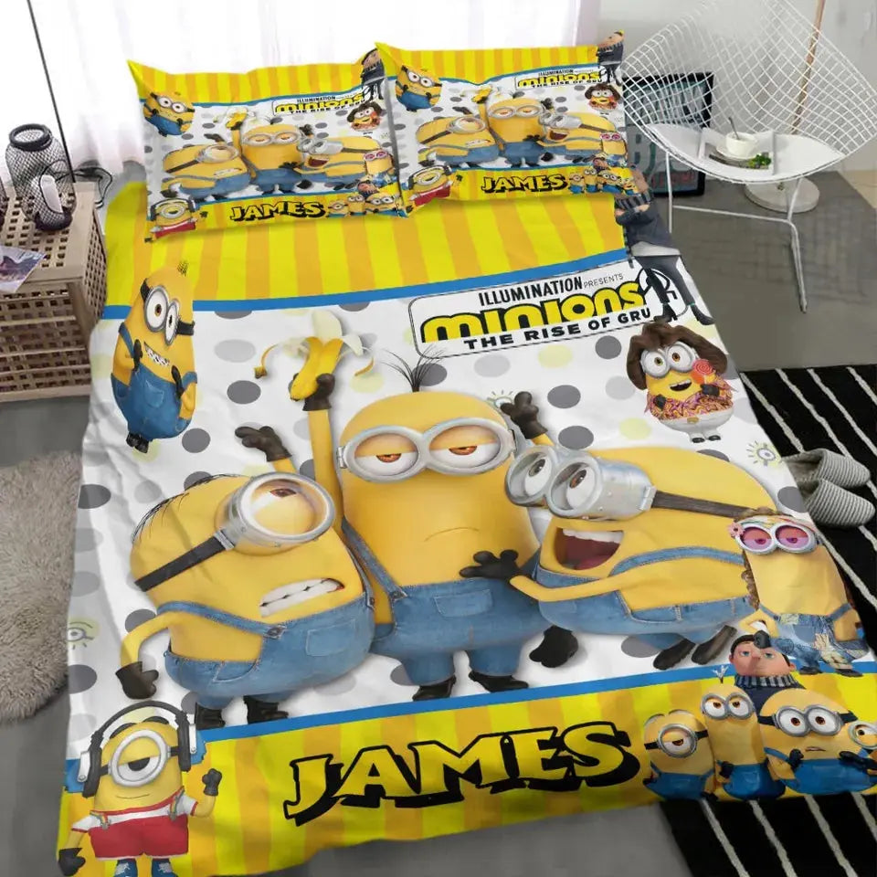 Personalized Minions Brothers 3D bedding set with yellow banana all-over print, custom name duvet cover for kids bedroom décor, soft and cozy blanket.