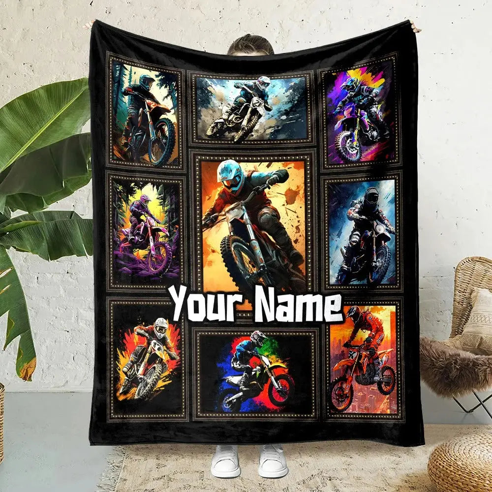 Personalized name blanket with off-road motorcycle design, custom kids blanket gift for boys and toddlers