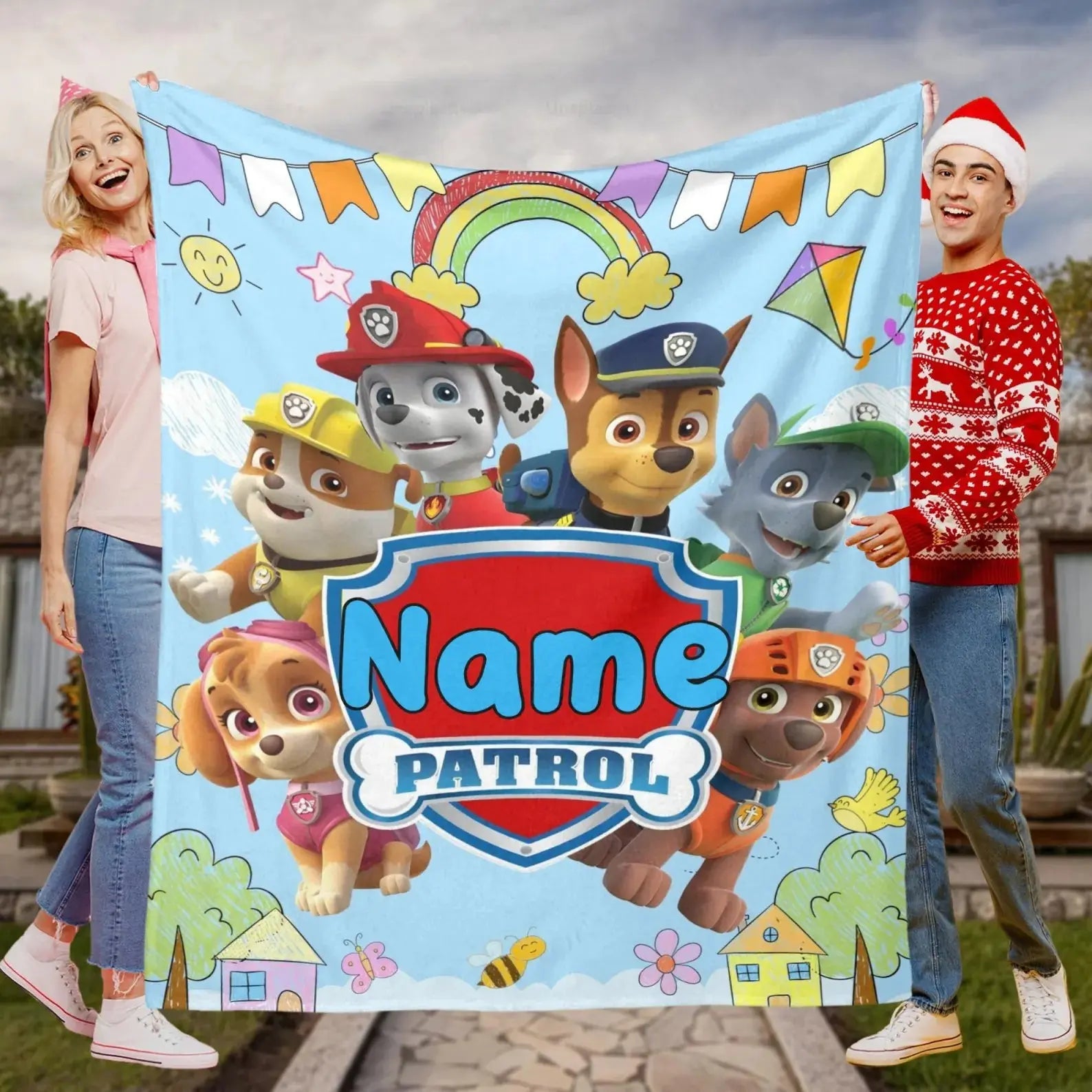 Custom Paw Patrol Chase and Marshall kids blanket with name, soft personalized throw for boys and girls