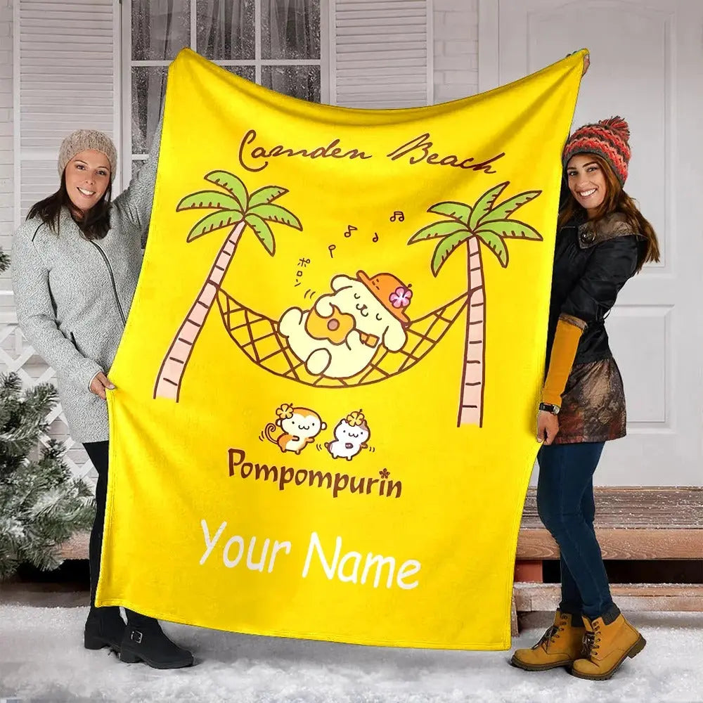 Personalized Pom Pom Purin blanket with custom name, kawaii Sanrio home decor