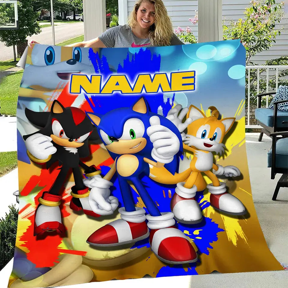 Personalized Sonic kids blanket with custom name, soft and cozy throw for toddlers and children’s bedroom décor