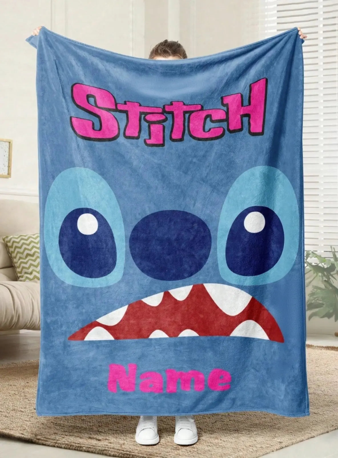 Personalized Stitch kids blanket with custom name, soft cartoon bedding for toddlers, cozy Disney Stitch blanket for children’s bedroom décor.