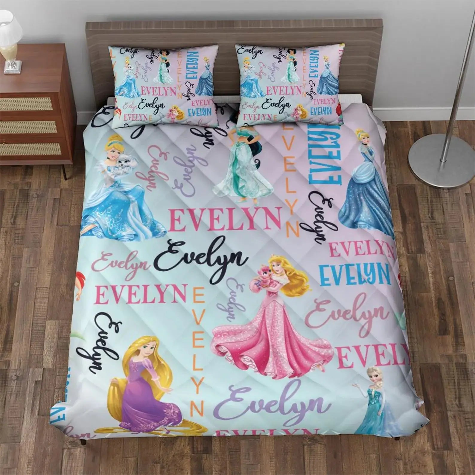 Personalized watercolor Disney Princess three-piece quilt cover set with custom name, soft baby girl blanket, ideal Disney Princess birthday gift for girls’ bedroom décor