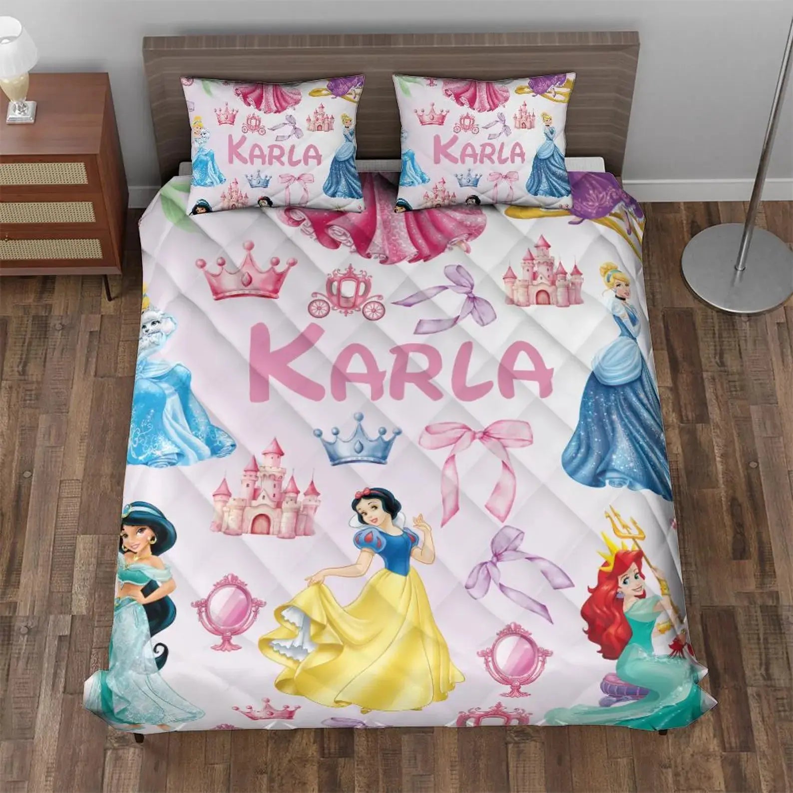 Personalized Watercolor Disney Princess three-piece quilt cover set with custom name, soft baby girl blanket, perfect Disney Princess birthday gift for girls’ bedroom décor