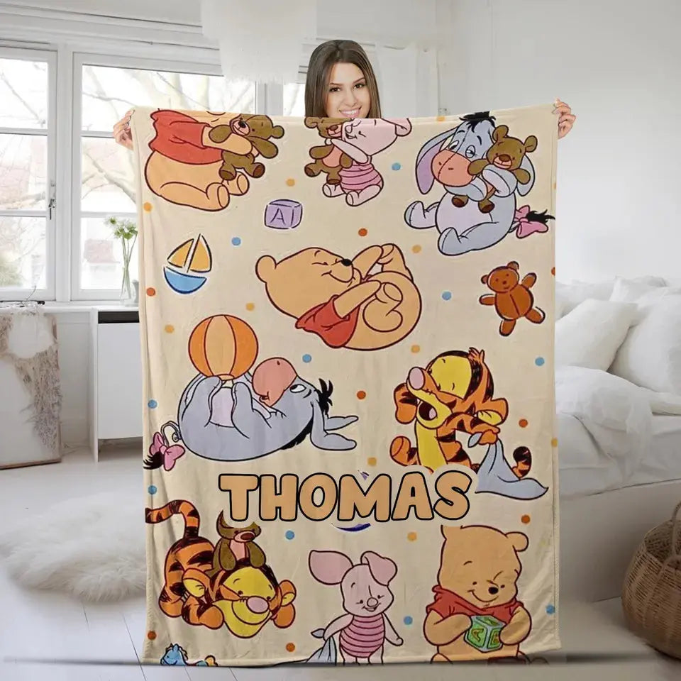 Personalized Disney Winnie the Pooh kids blanket featuring Pooh, Piglet, Tigger, and Eeyore, soft and cozy throw for toddlers and children’s bedroom décor