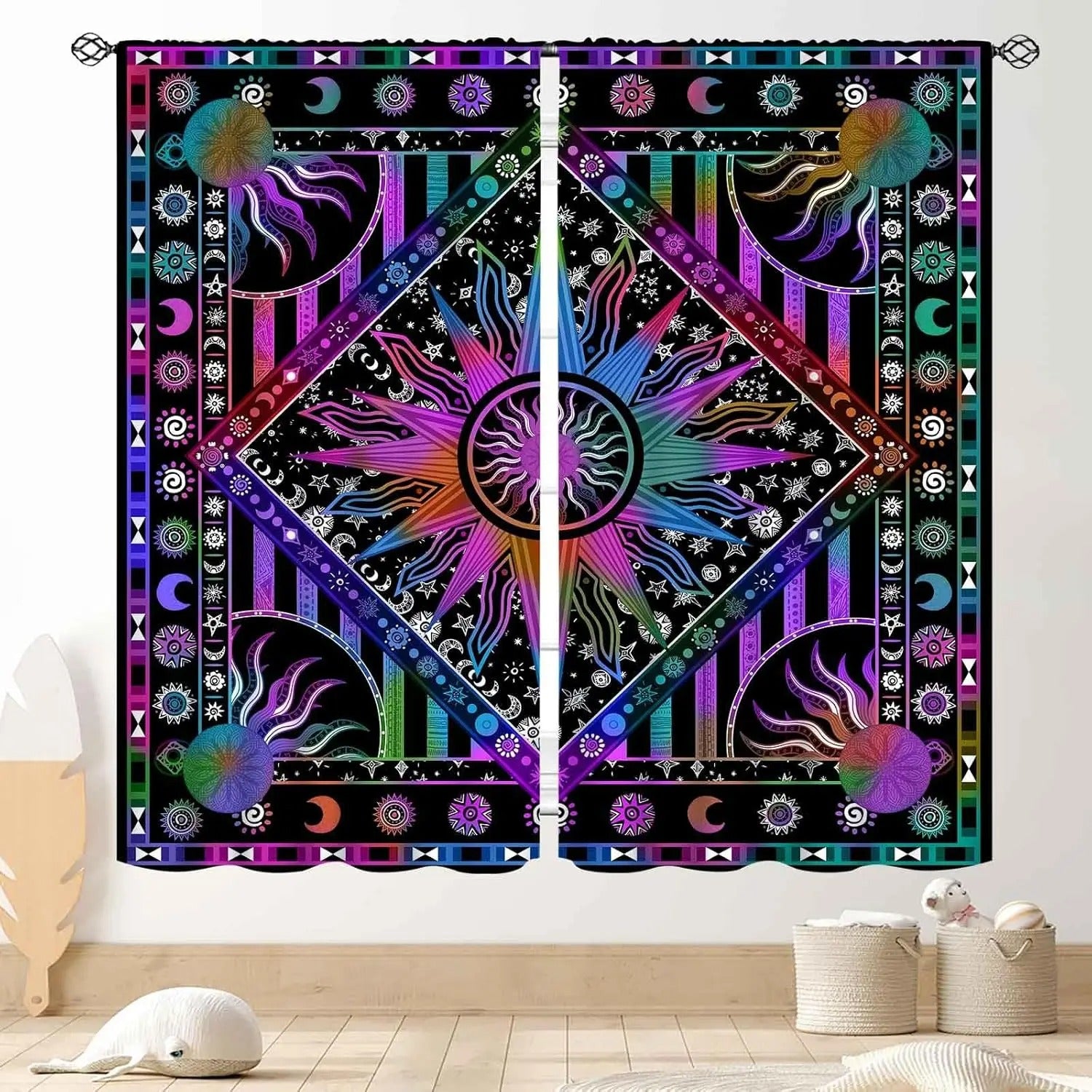 Rainbow hippie mandala bohemian curtains with colorful Indian medallion design, perfect for bright and artistic bedroom or living room décor.