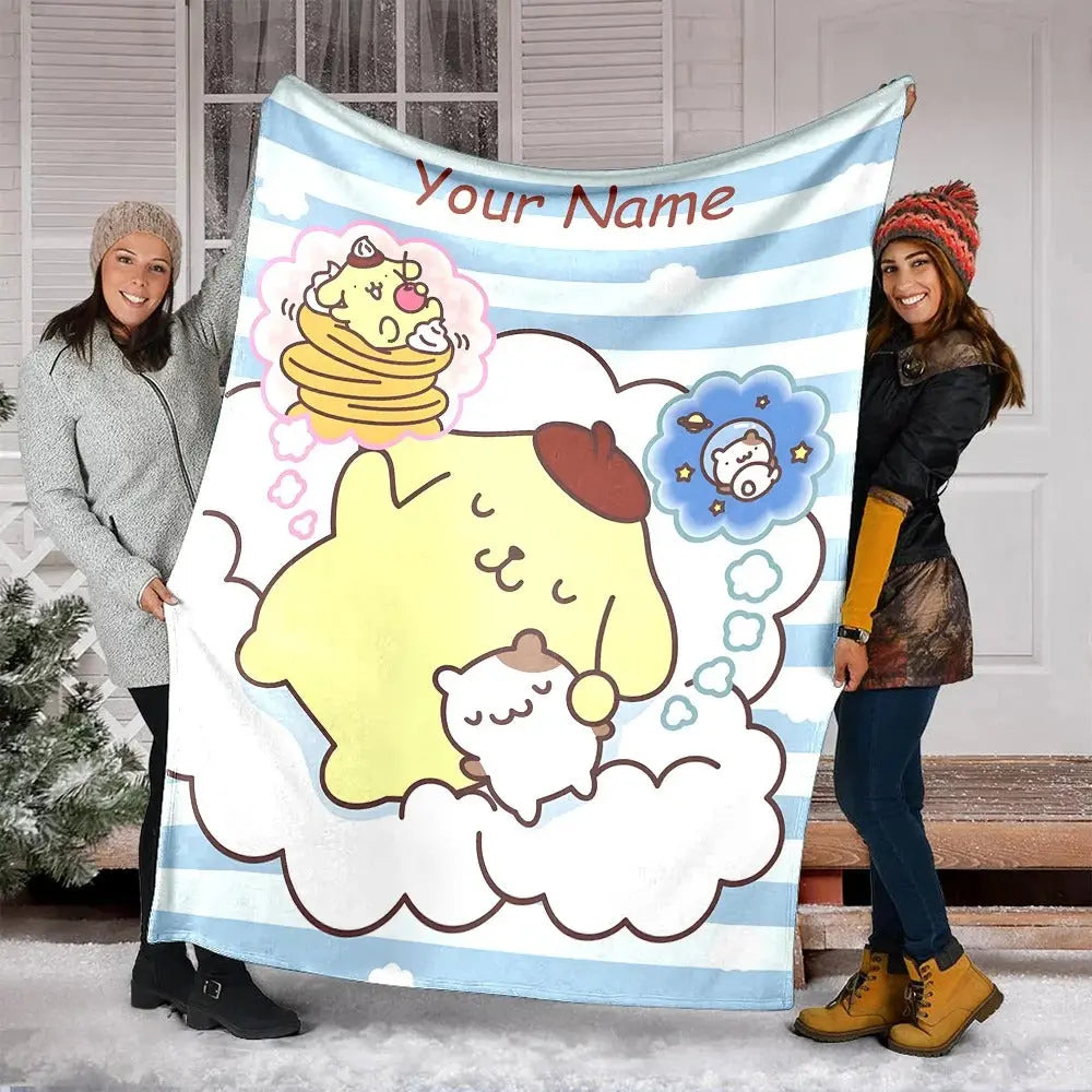 Sanrio Pom Pom Purin custom name blanket, soft fleece throw for kids and adults
