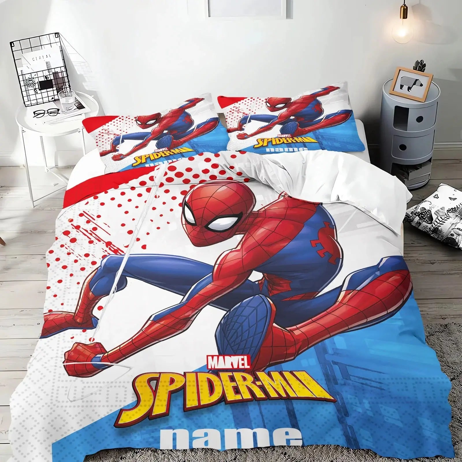 Spiderman cartoon kids bedding set with quilt cover, pillowcases, and comforter available in twin, queen, and king sizes for boys and girls bedroom decor