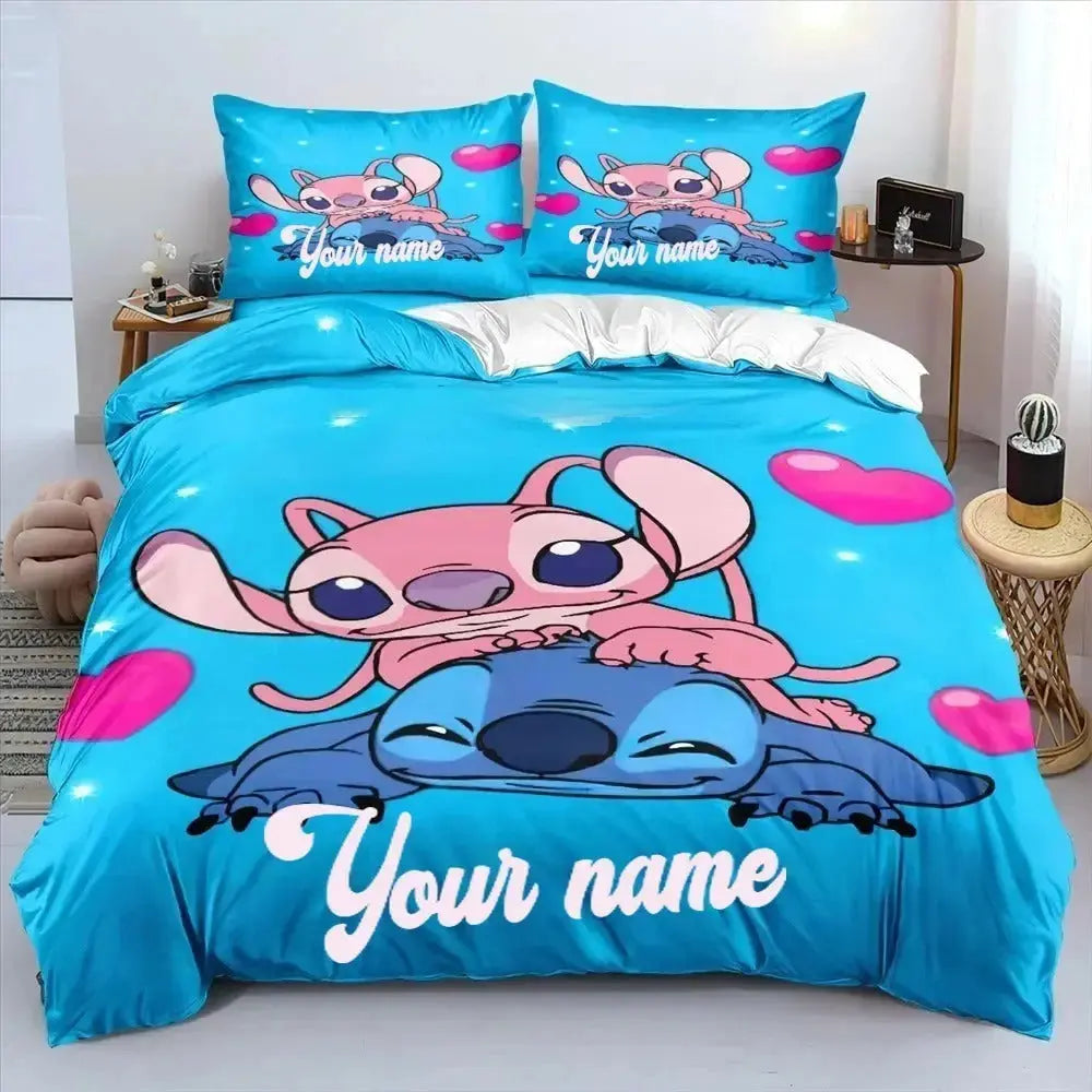 Custom Cartoon Duvet Cover Zirconic Vibrant 3D Stitch quilt cover with customizable name area, made from soft microfiber for comfort and style in any child's bedroom.