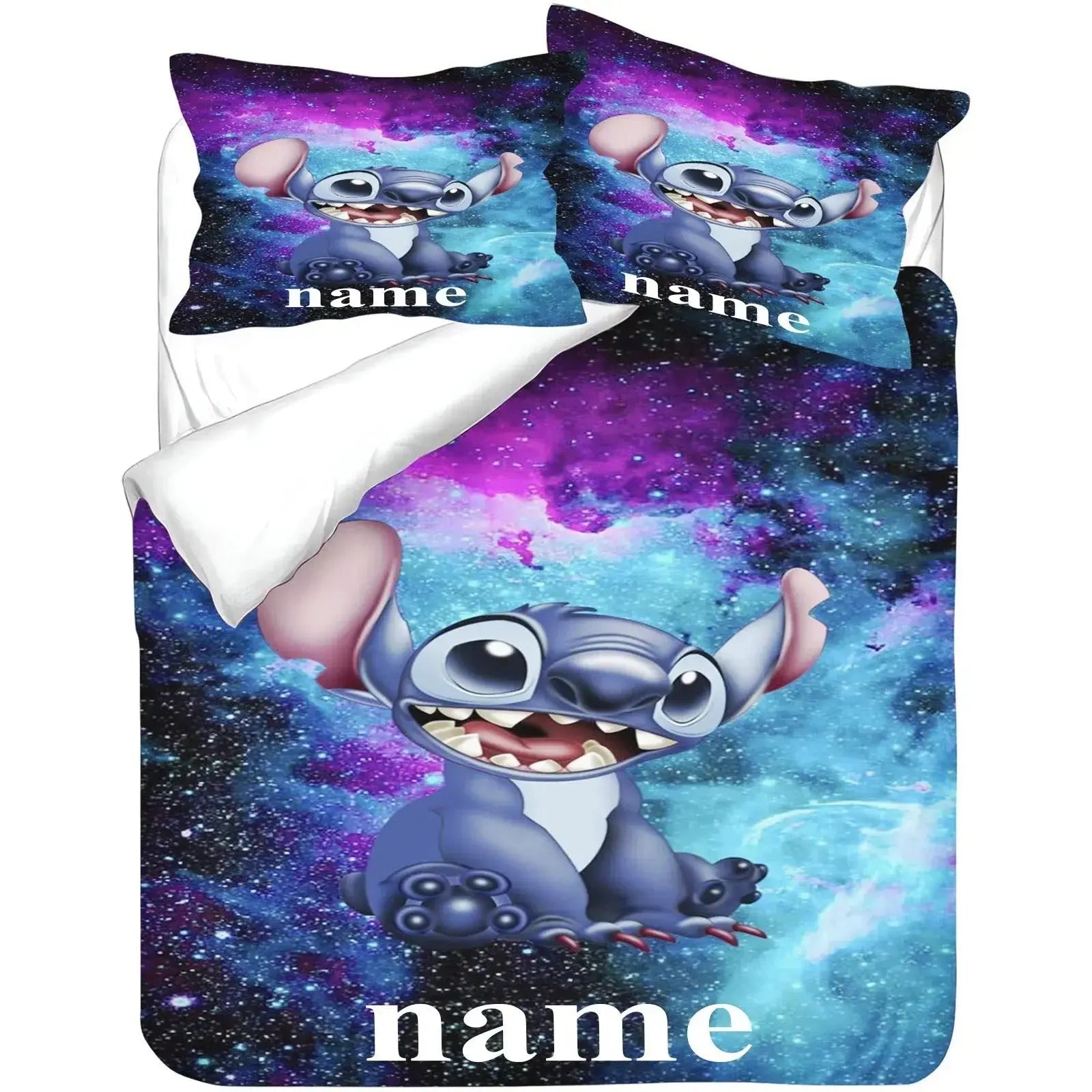 Custom Cartoon Duvet Cover Zirconic Three-piece Stitch bedding set featuring a personalized duvet cover and pillowcases, made for fans of Lilo & Stitch and custom decor.