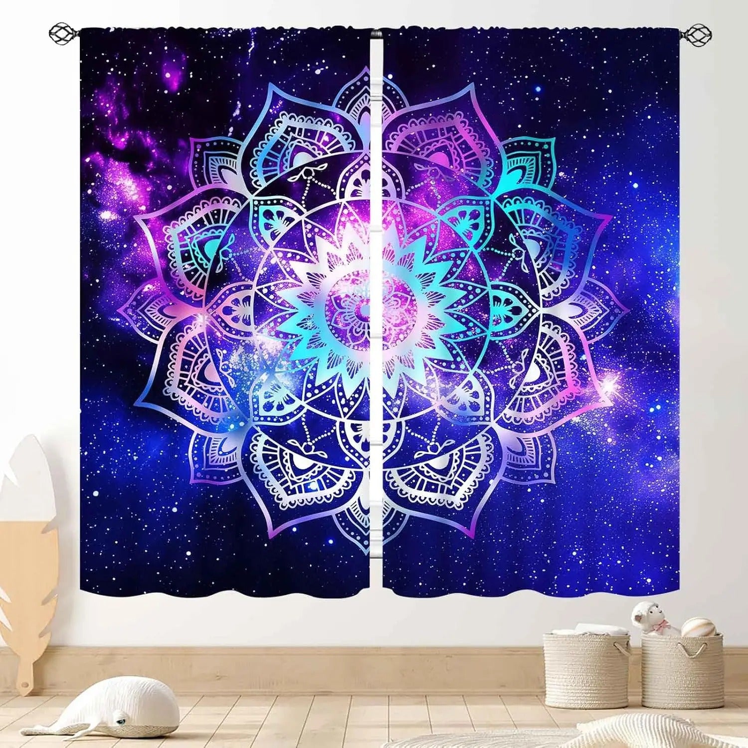 Trippy boho aesthetic window curtains with mandala art and colorful tones.