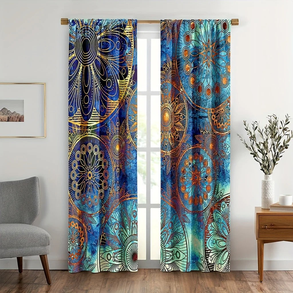 Trippy Indian medallion curtains in vibrant colors for boho aesthetic décor.