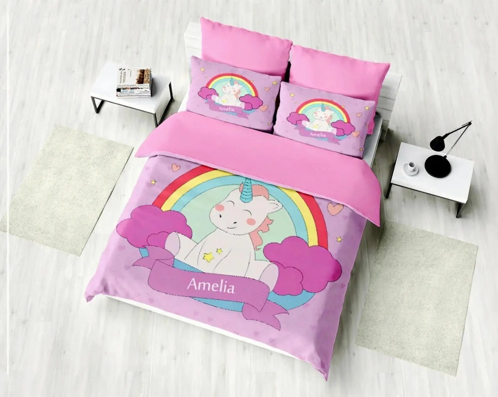 Personalized unicorn kids bedding set with monogrammed duvet cover and pillowcases, rainbow design for girls bedroom decor in twin, full, and queen sizes