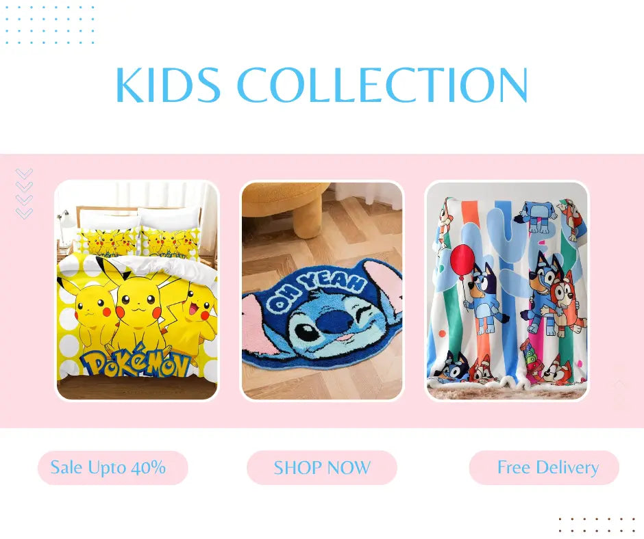 Anime-themed home decor set featuring a colorful cartoon duvet cover, soft blanket, matching tapestry wall art, decorative throw pillows, cozy area rugs, and a vibrant shower curtain — perfect for kids’ bedrooms or anime fan spaces.