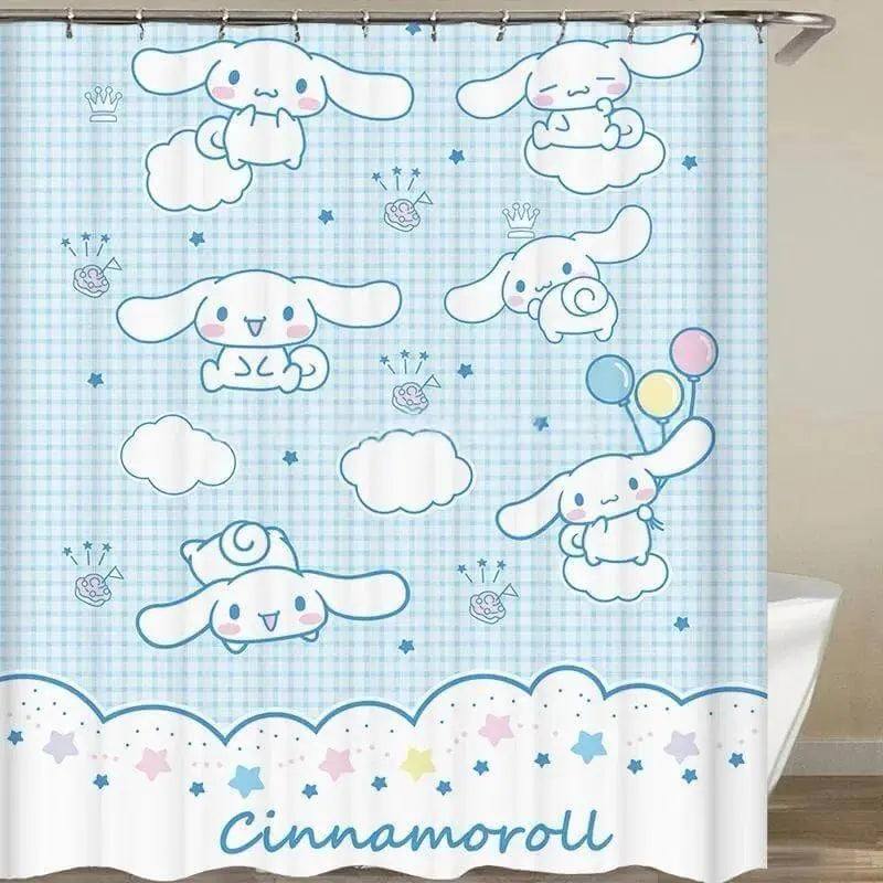 Colorful cartoon-themed shower curtain hanging in modern bathroom