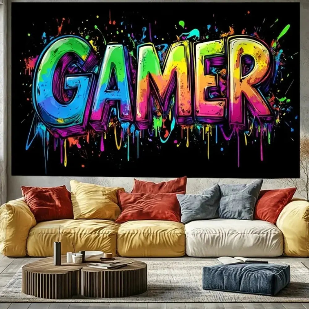 Gaming wall tapestry for game room decor featuring console, PC, PlayStation, Xbox, and retro arcade designs – perfect for gamers, streamers, and esports fans
