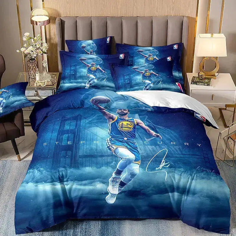 Stephen Curry basketball-themed doona duvet quilt bedding set featuring iconic NBA player design, soft breathable fabric, and vibrant sports-inspired bedroom decor perfect for fans