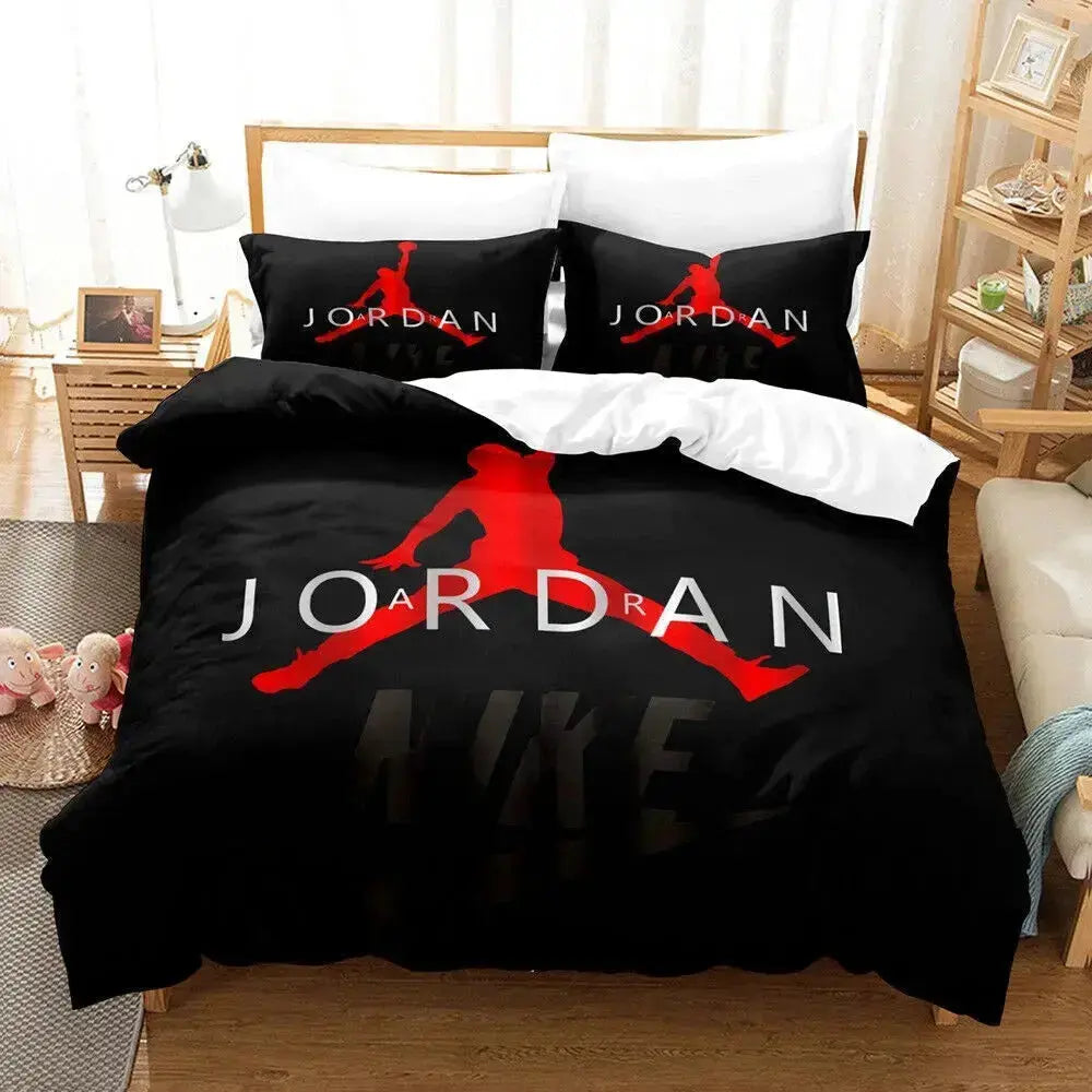Jordan bedding set featuring iconic NBA player graphics, soft breathable fabric, and stylish basketball-themed bedroom décor perfect for fans