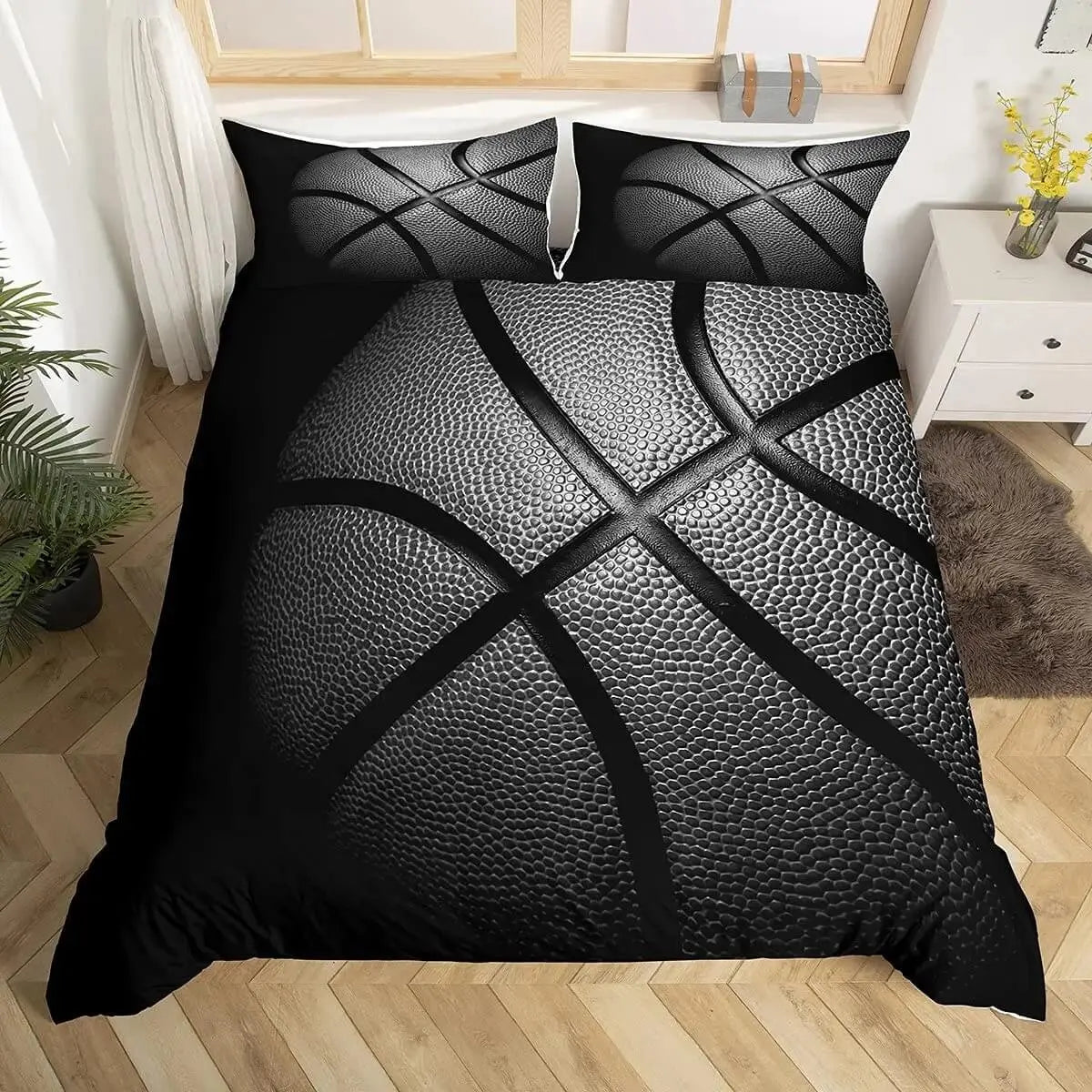 Basketball doona cover on queen bed with 3D court design