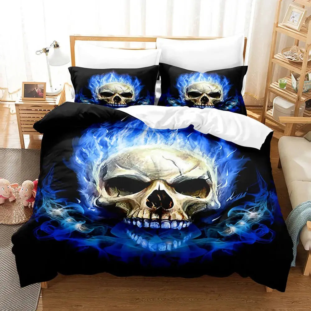 3D Blue Flame Skull Duvet Cover