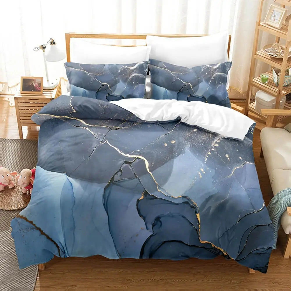 3D Blue & Grey Marble Bedding Set