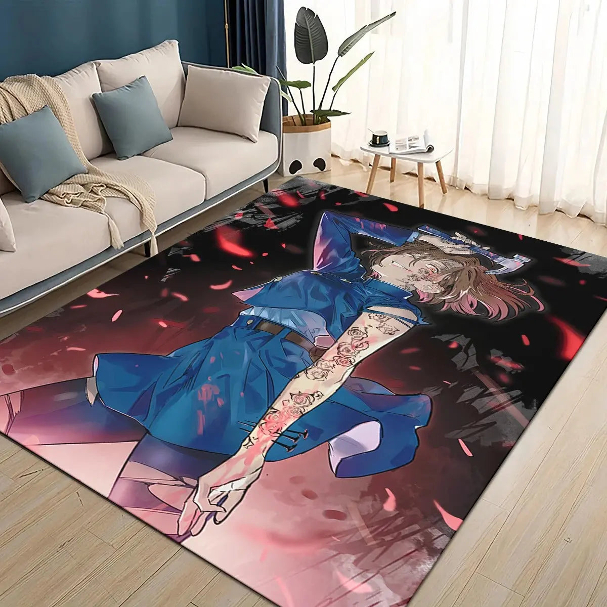 Anime-themed area rug featuring a character with a prominent arm tattoo in a bold, detailed design, perfect for fans looking to add unique anime decor to their living space.