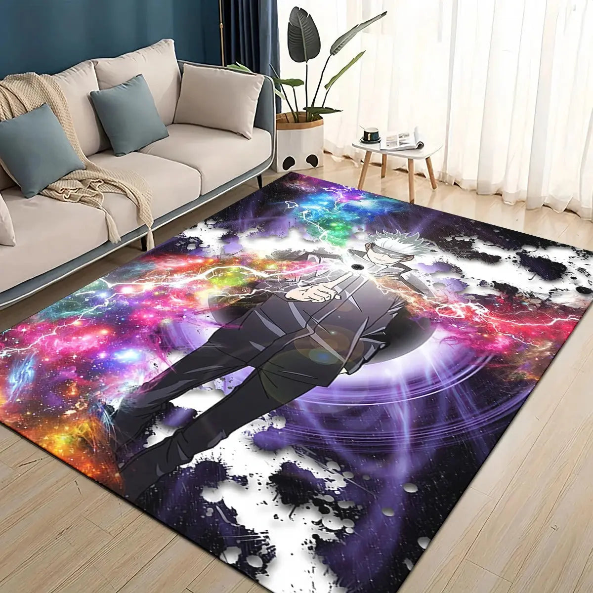 Cartoon-style floor mat featuring Gojo Satoru from the anime Jujutsu Kaisen, showcasing his iconic blindfold and confident pose in a vibrant, playful anime design perfect for any room.