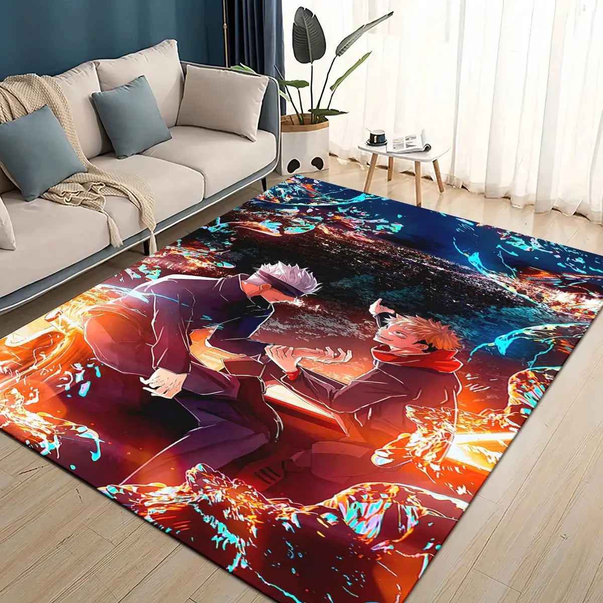 Anime-themed area rug featuring Jujutsu Kaisen characters Itadori Yuji, Satoru Gojo, and Ryomen Sukuna, made with soft premium fluff or crystal velvet and a non-slip backing, perfect for decorating bedrooms, living rooms, or dorms.