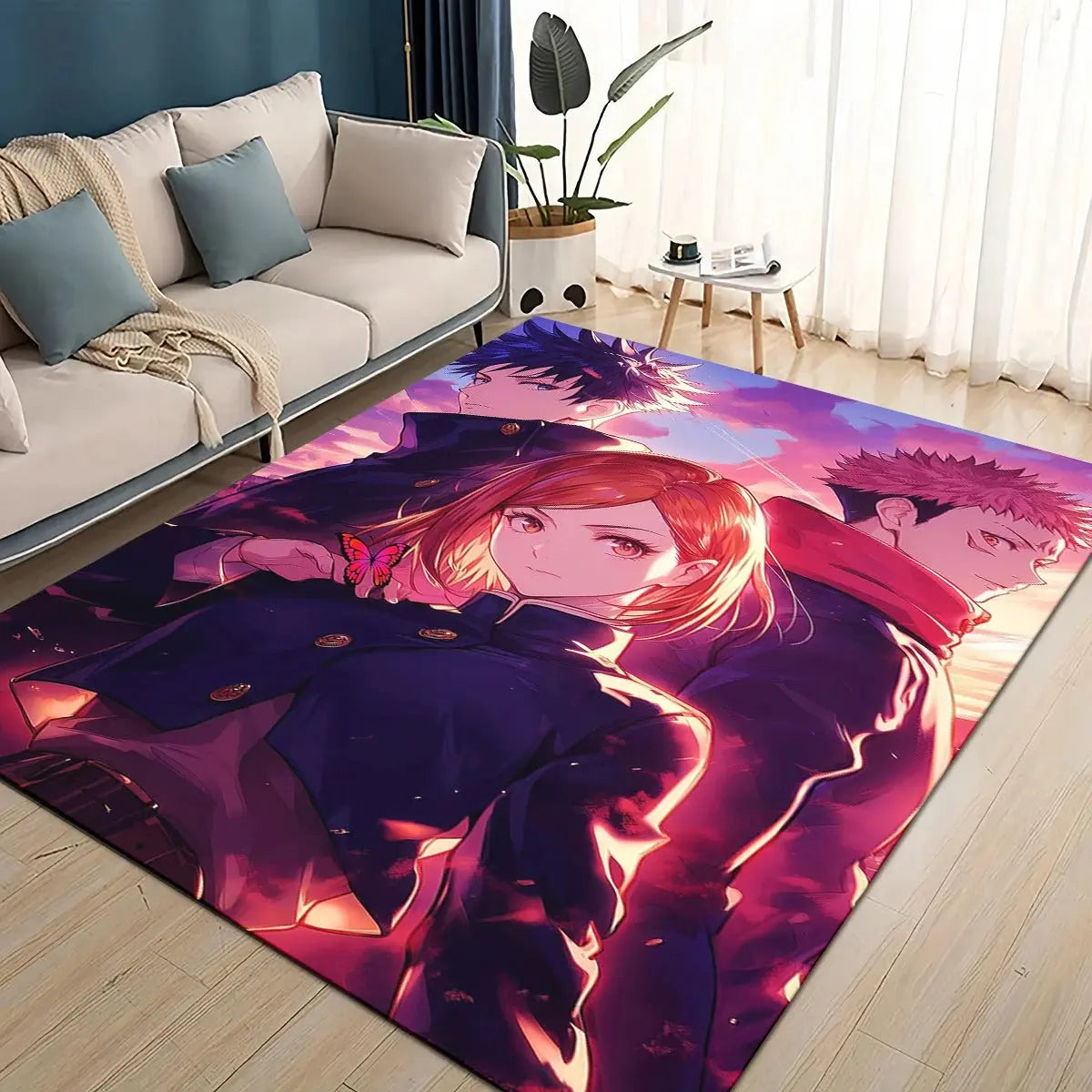 Jujutsu Kaisen anime area rug featuring Yuji Itadori, Nobara Kugisaki, and Megumi Fushiguro, made with soft premium fluff or Belgian fleece and anti-slip PVC dot backing, ideal for bedrooms, living rooms, or children’s game rooms.