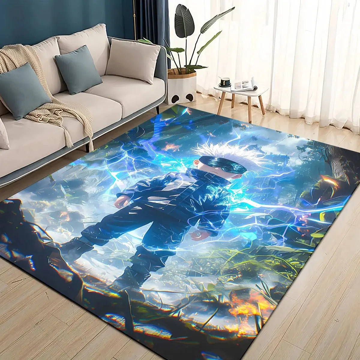 Anime-themed area rug featuring Satoru Gojo from Jujutsu Kaisen, showcasing his iconic blindfold and confident pose, designed as a soft, stylish floor mat for bedrooms, living rooms, or anime-themed spaces.