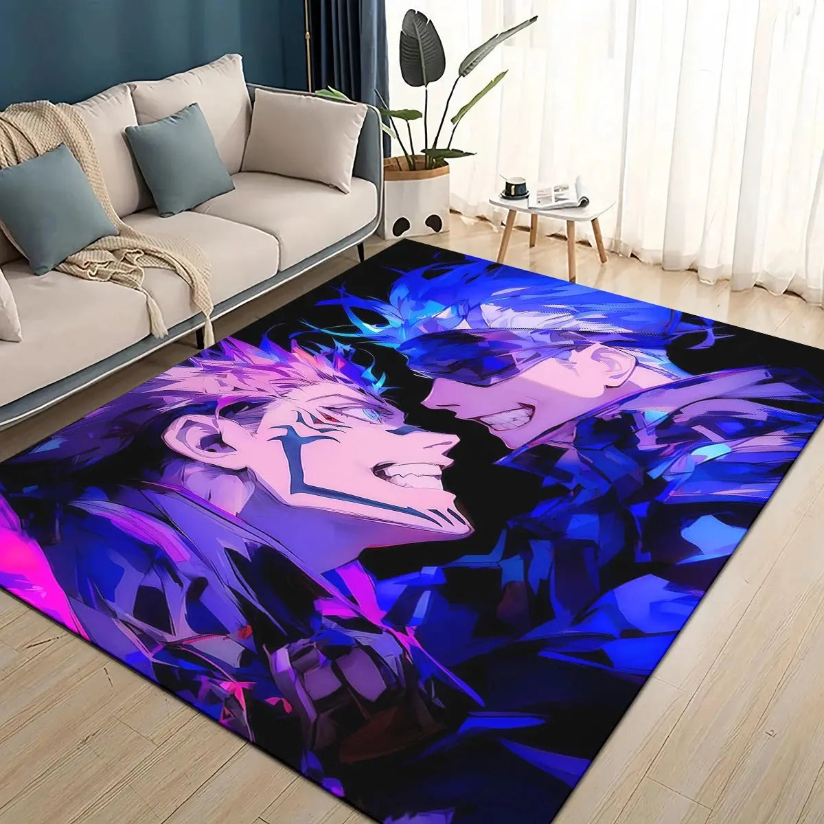 Decorative area rug featuring Yuji Itadori and Ryomen Sukuna from the anime Jujutsu Kaisen, designed with vibrant colors and bold artwork, perfect for adding anime flair to bedrooms, dorms, or living rooms.