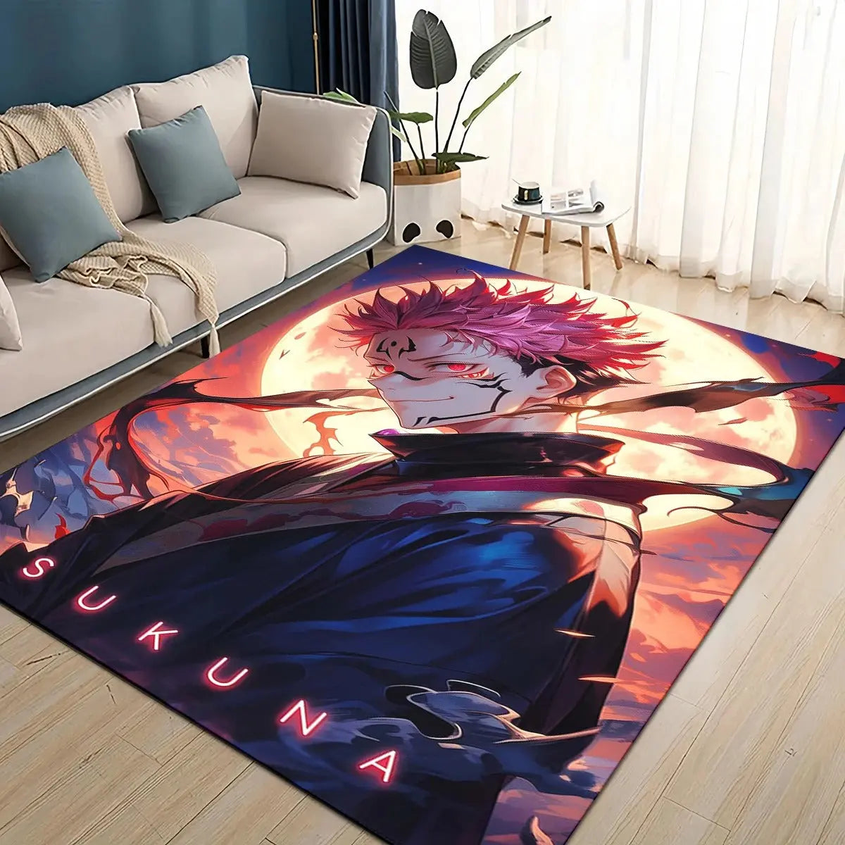 Anime-themed area rug featuring Ryomen Sukuna from Jujutsu Kaisen with bold "SUKUNA" text, set against a fiery moonlit background, made from plush material with a non-slip backing for comfort and safety.