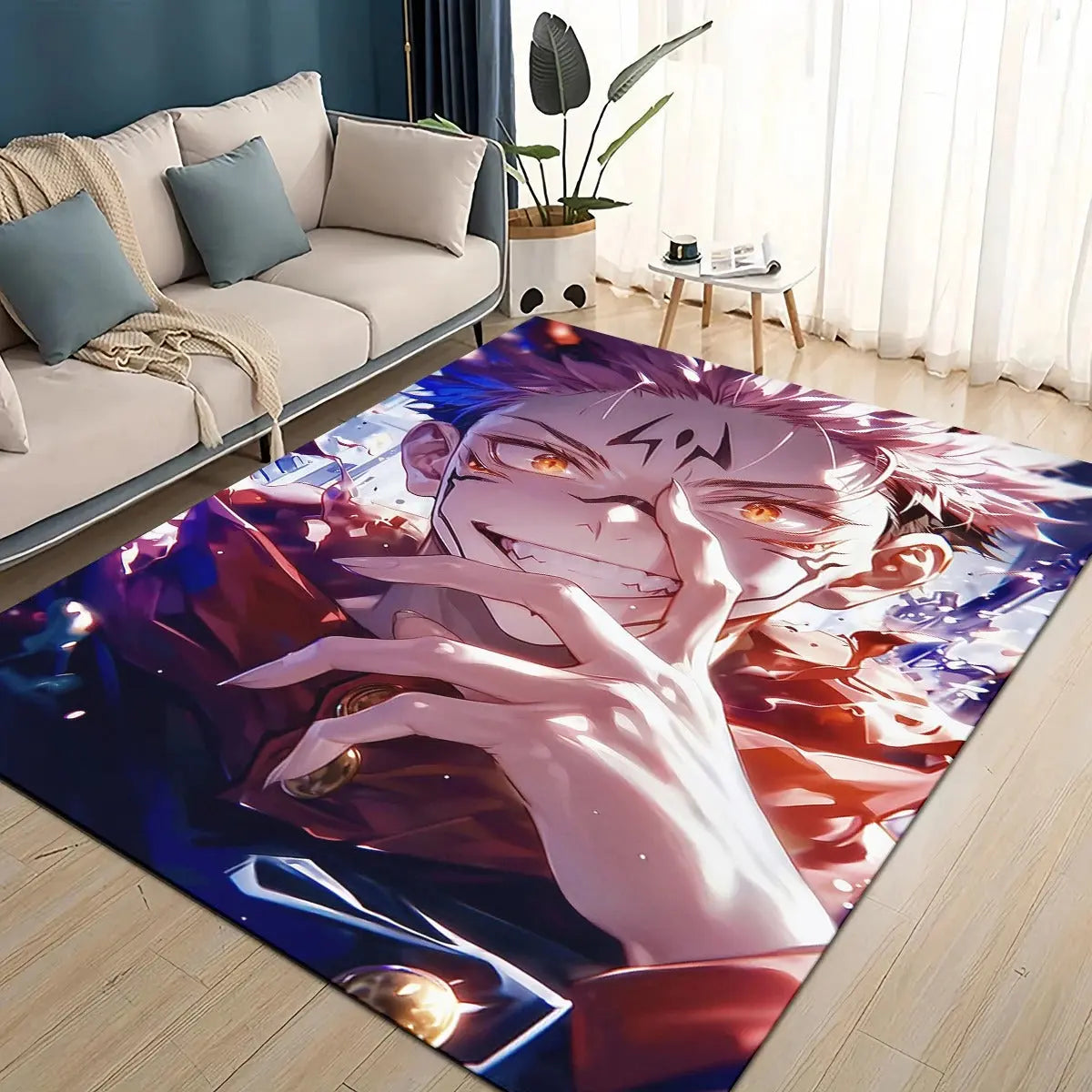 Decorative home rug featuring Ryomen Sukuna from the anime/manga Jujutsu Kaisen, designed for living room or bedroom use with a bold character image, ideal for anime fans seeking stylish area rugs.