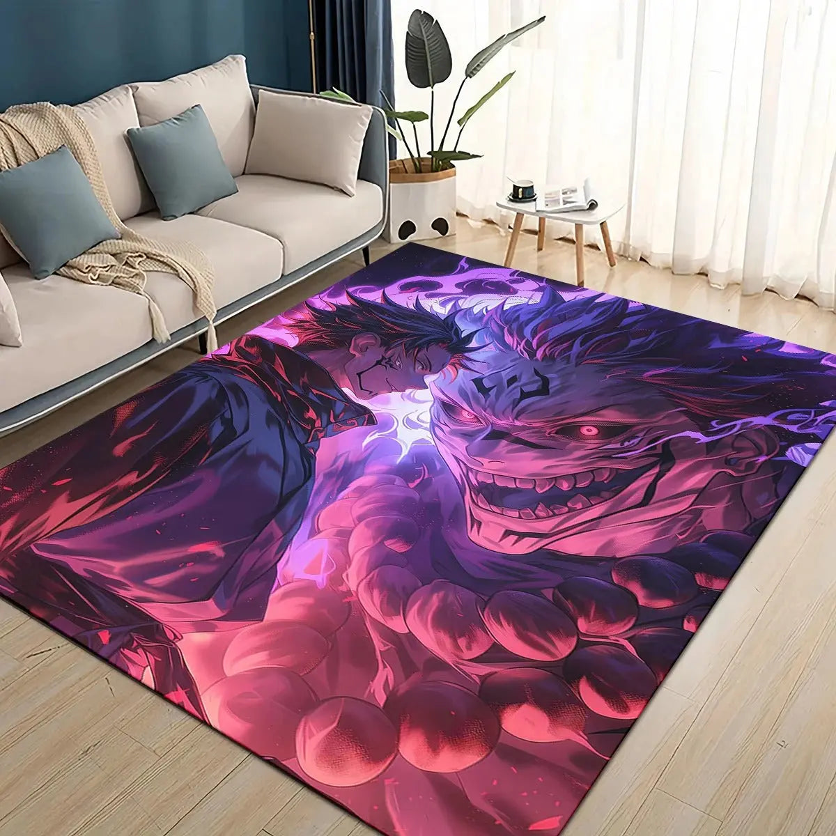 Soft, non-slip indoor rug featuring Sukuna and Yuji Itadori from Jujutsu Kaisen in a dramatic anime scene, designed for comfort, breathability, and easy cleaning, perfect for bedrooms and living spaces.
