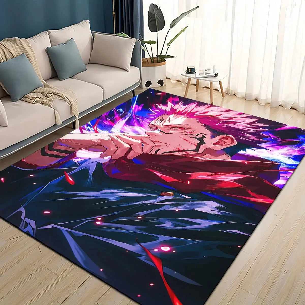 Jujutsu Kaisen-themed area rug featuring Itadori Yuji in a dynamic pose, made from soft flannel fabric with a non-slip backing, designed for comfort and durability in living rooms, bedrooms, and kids' rooms.