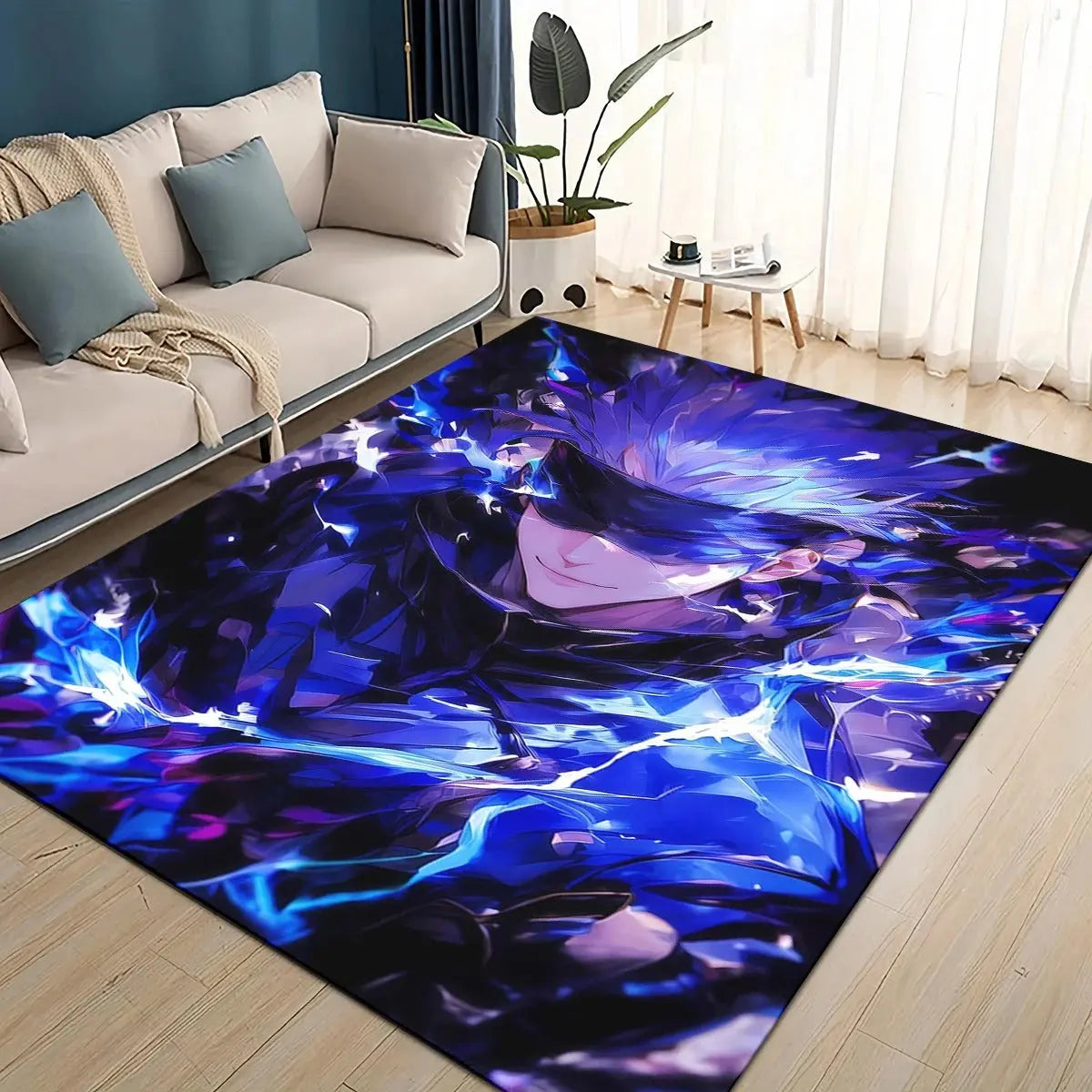 Front view of Jujutsu Kaisen Itadori Yuji flannel area rug showing dynamic anime pose and vibrant colors