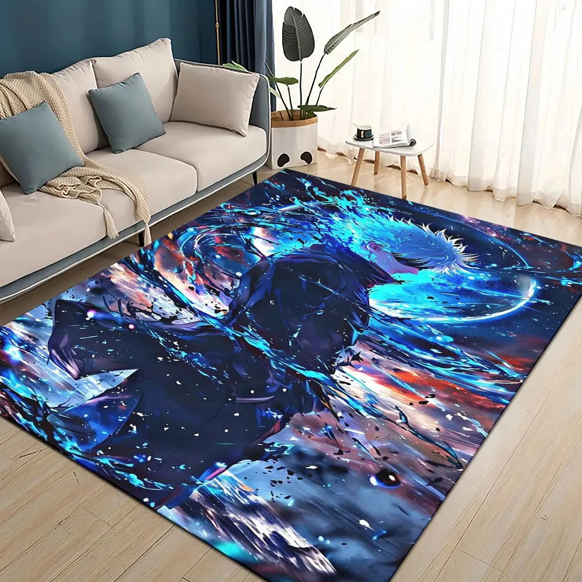 Non-slip backing detail of the Jujutsu Kaisen Itadori Yuji area rug for safe indoor use.