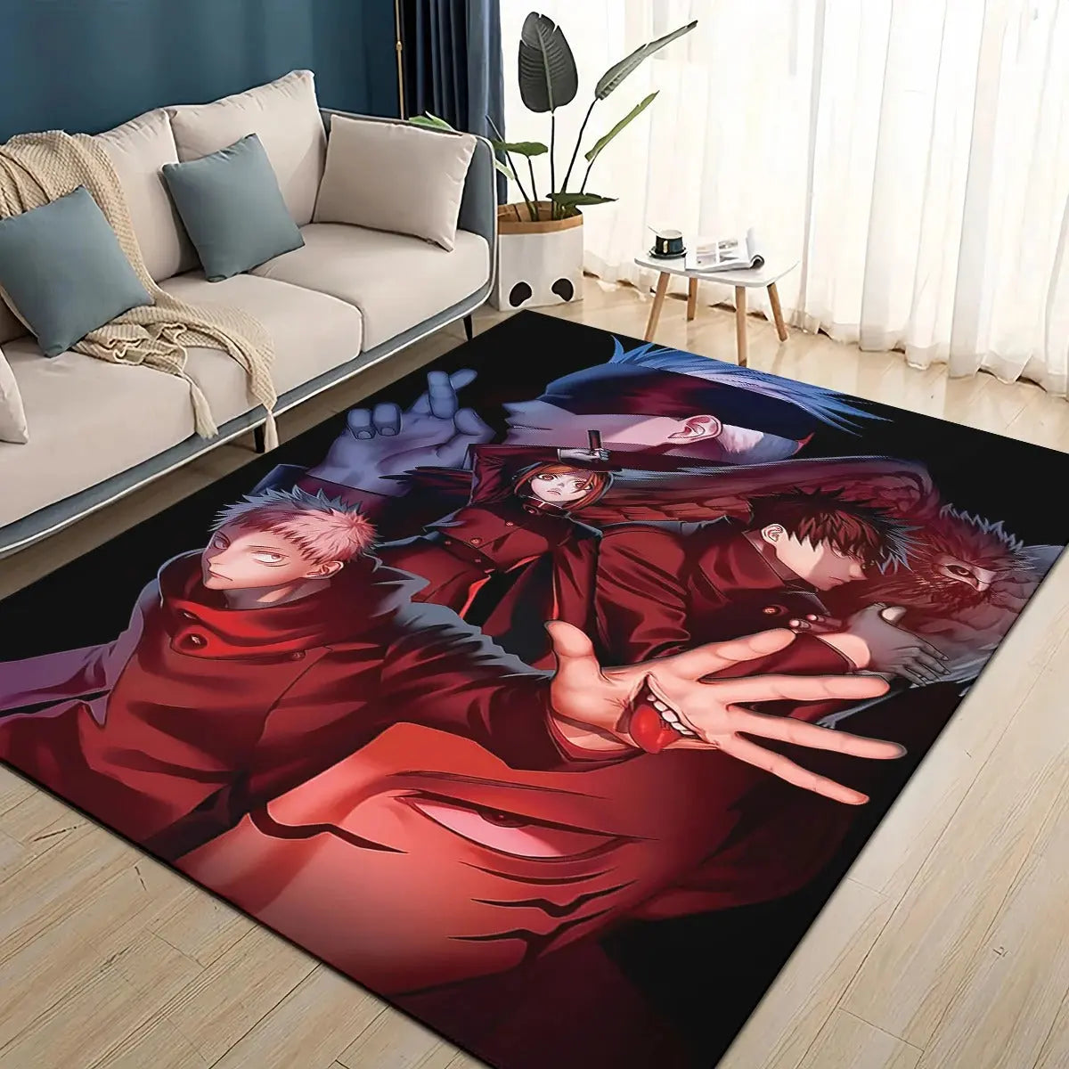 Jujutsu Kaisen Itadori Yuji flannel rug placed in a cozy bedroom setting.