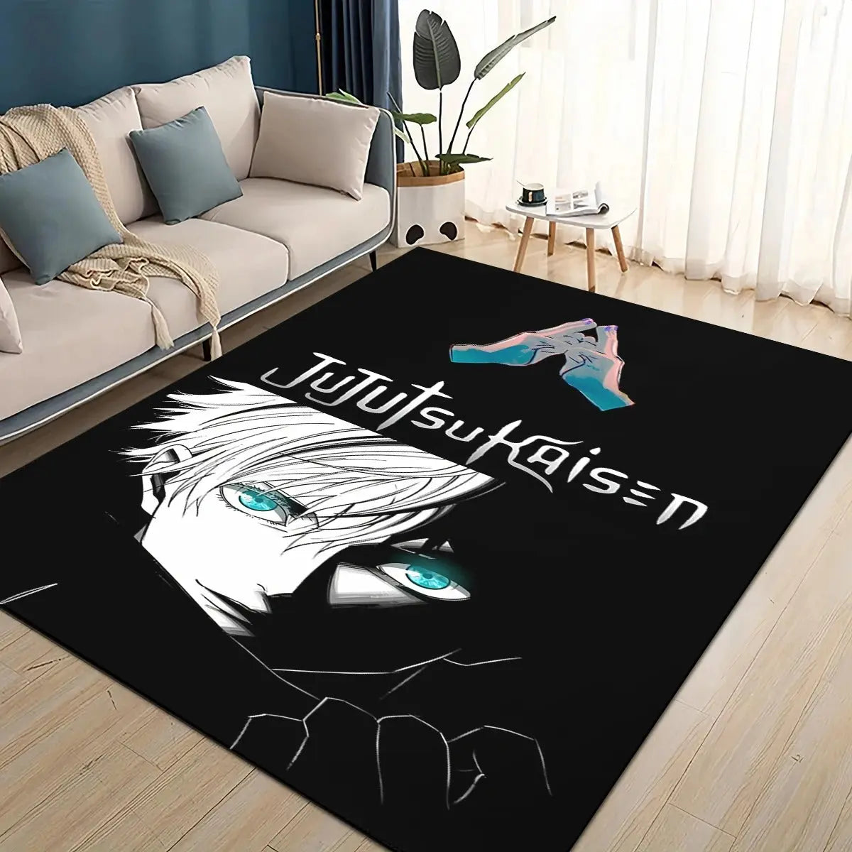 Side view showing the thickness and plushness of the Itadori Yuji anime area rug.
