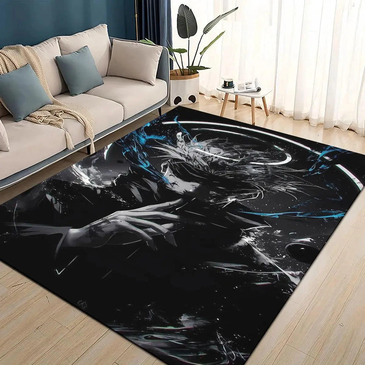Anime-themed floor decor featuring Itadori Yuji rug enhancing a gaming room ambiance.
